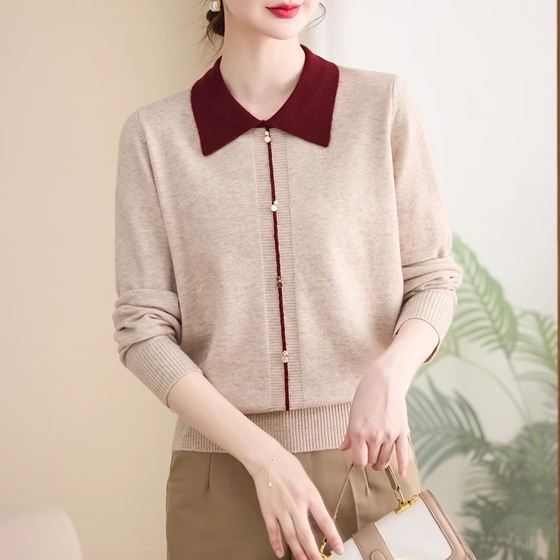 洋气妈妈装翻领拼色套头针织衫2025春季新款减龄打底衫中老年2505