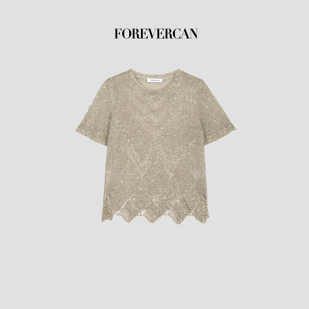 FOREVERCAN“流沙香槟”客定金丝线亮片镂空针织短袖上衣 MY4673B