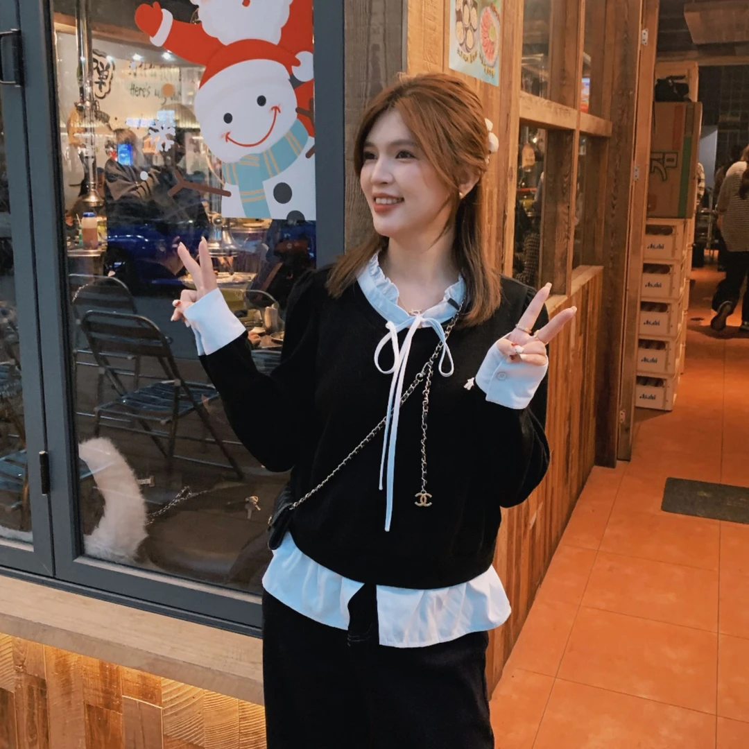 漫姐的店现货【海森堡少女】秋冬拼接气质假两件上衣内搭打底衫长袖