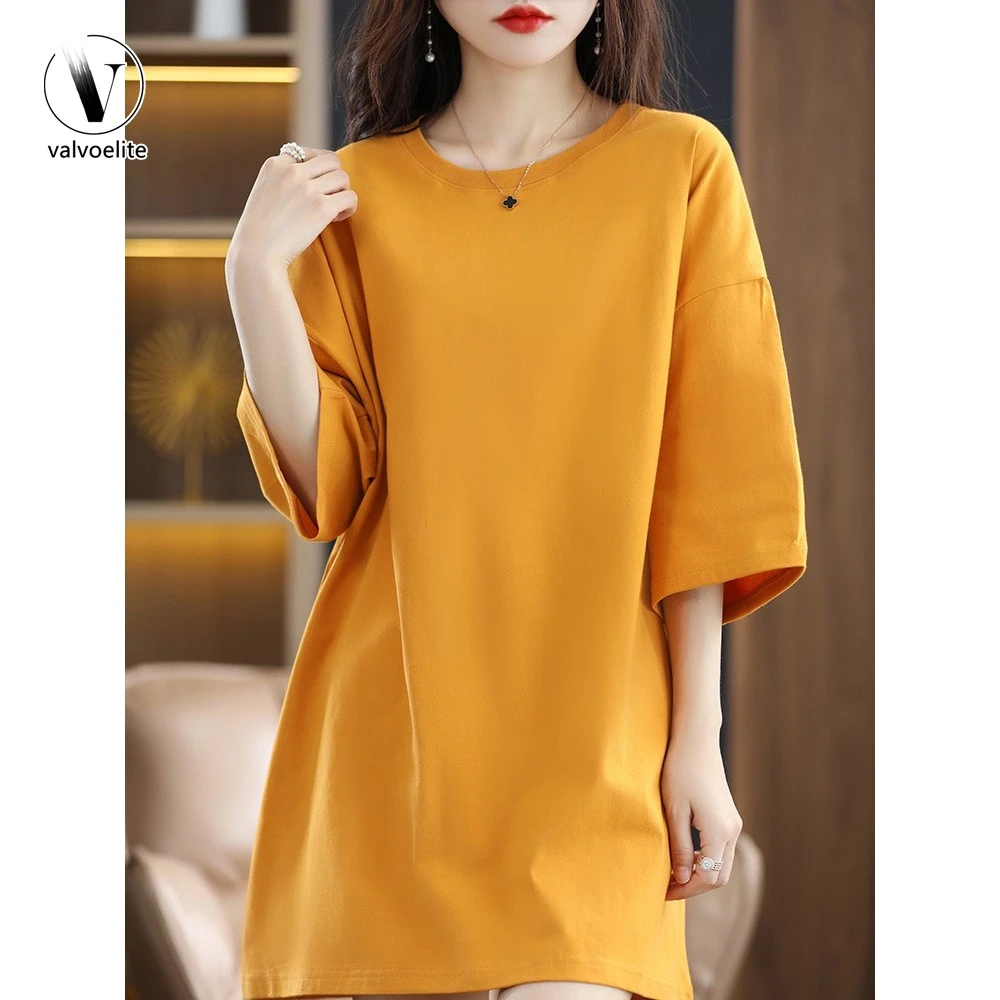 VALVOELITE长款大t恤女落肩宽松白色七分袖夏打底衫时尚短袖显瘦