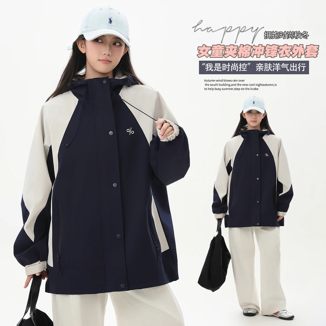 青少女童夹棉冲锋衣外套偏胖加肥加大码宽松运动上衣防风初中学生