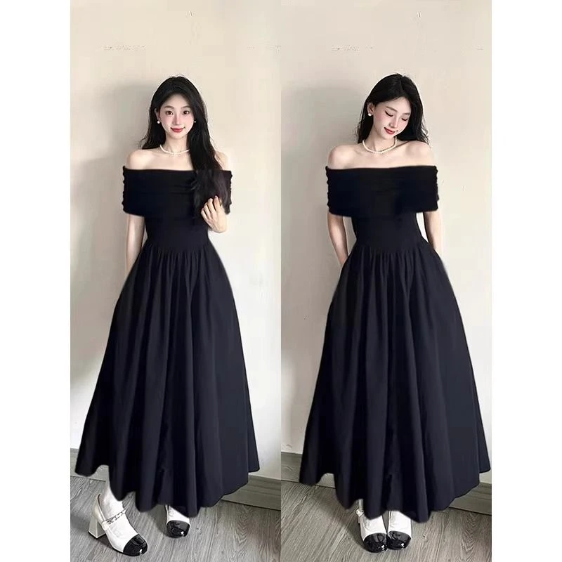 黑色赫本风一字肩连衣裙2025初夏穿搭气质长裙子到脚踝礼服成人礼