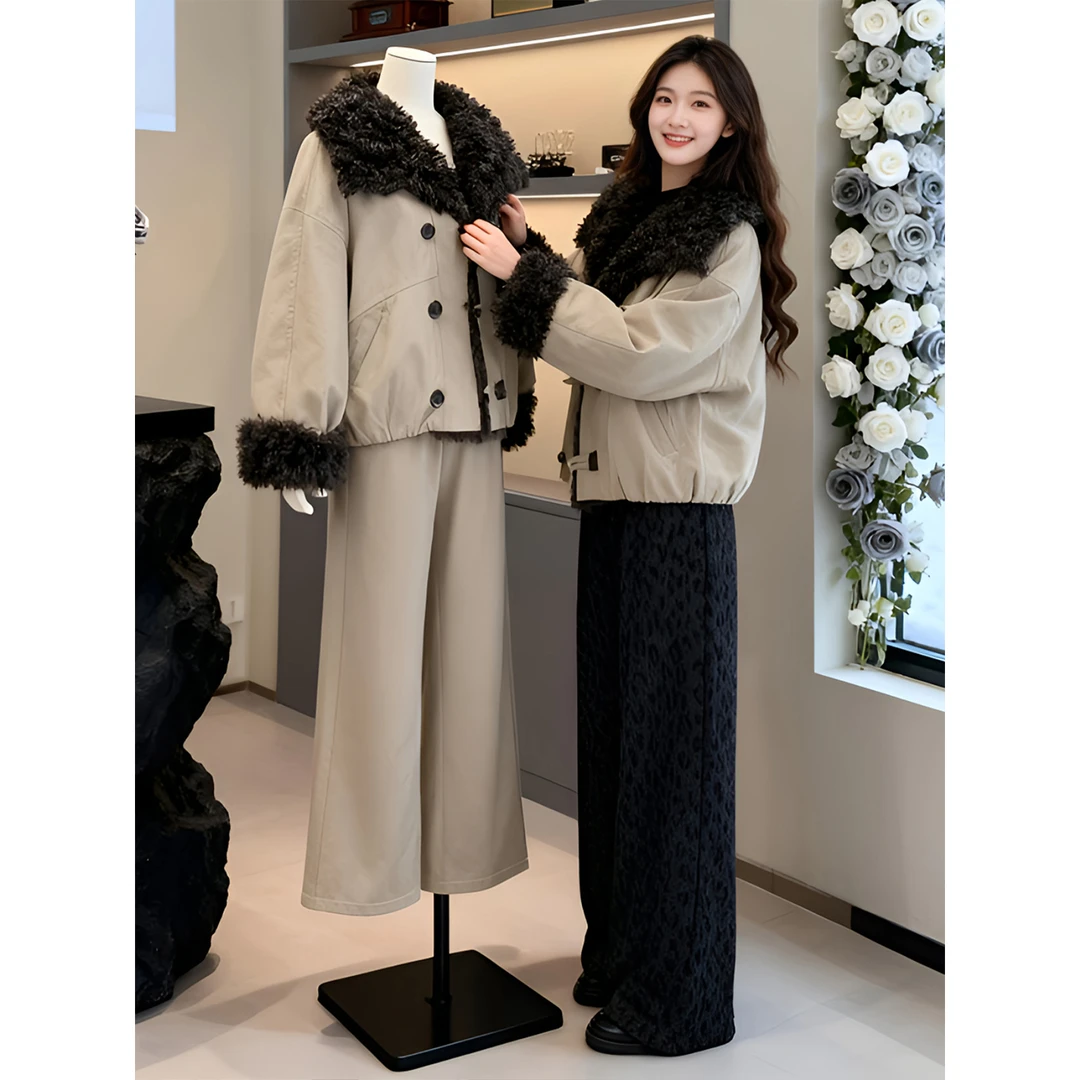 复古加厚撞色毛领棉服女2025冬季新款小个子时尚百搭保暖洋气外套