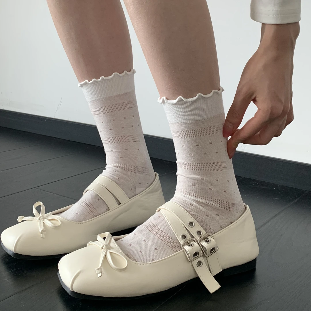 薄款网眼卷边波点中筒袜小白袜公主风堆堆袜春夏日系少女素色袜子