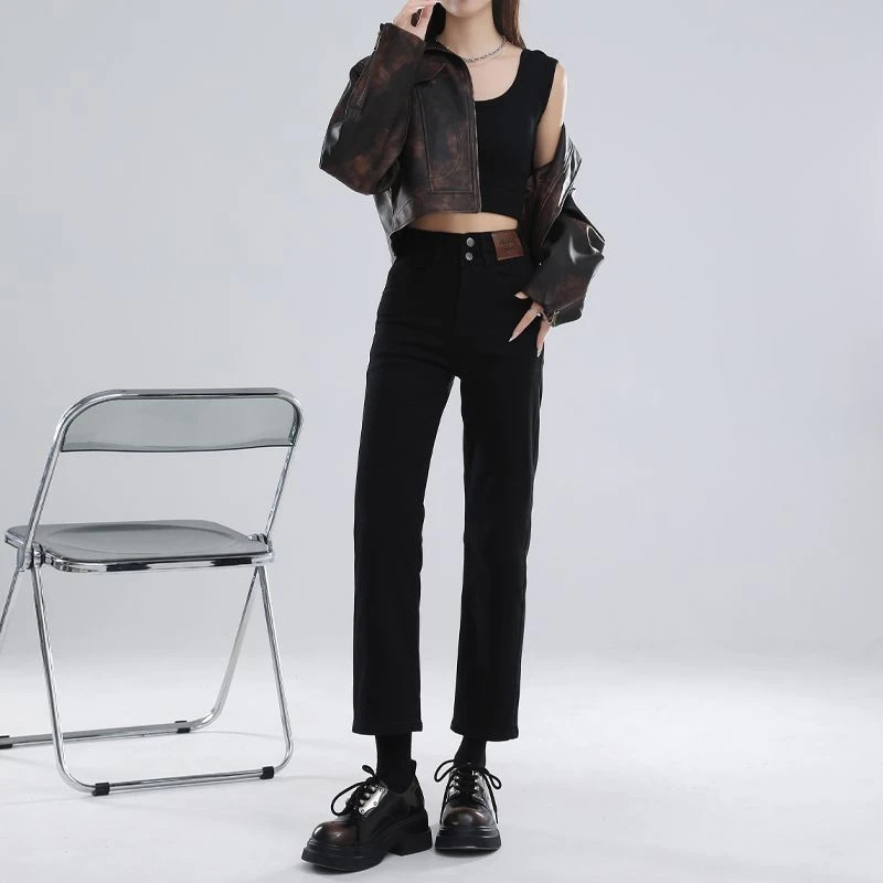 黑色加绒窄版直筒牛仔裤女秋冬2025爆款高腰显瘦小个子烟管裤穿搭