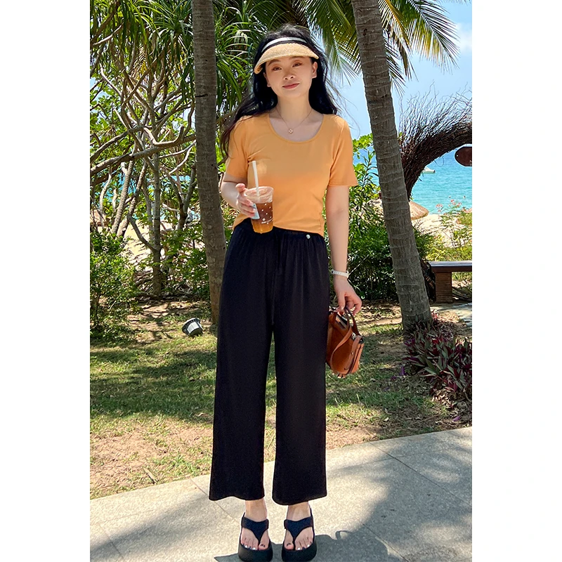 夏季凉感衣服大码百分百垂感新款冰丝百搭透气直筒休闲裤0889YF