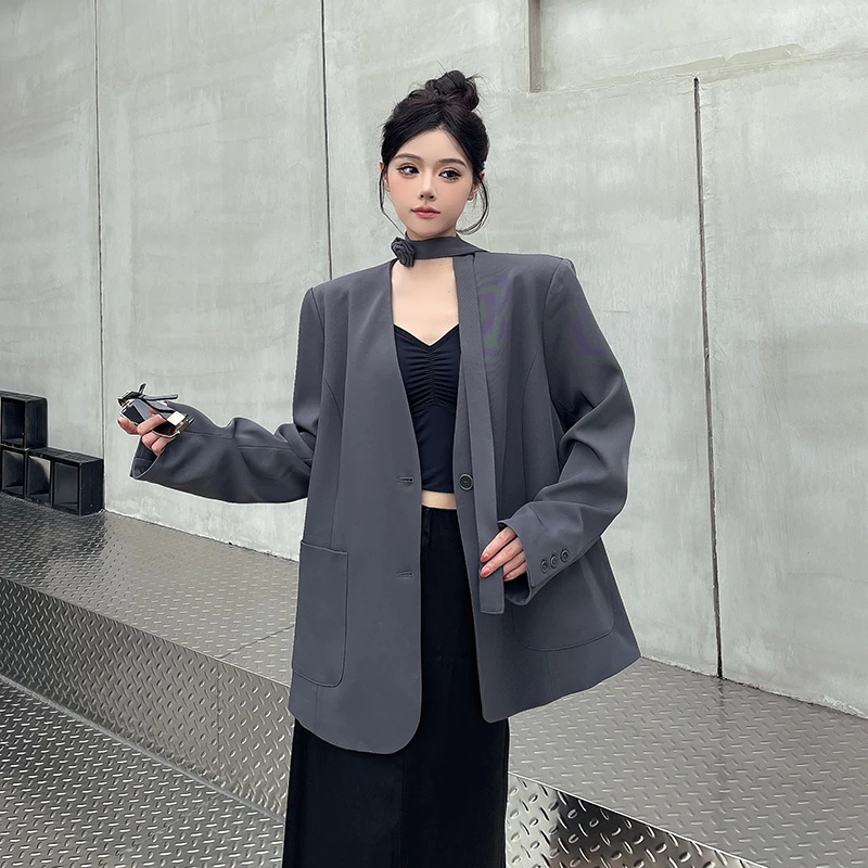 如烟调性 酷飒飘带轻奢无领西装外套女春秋新款宽松气质西服