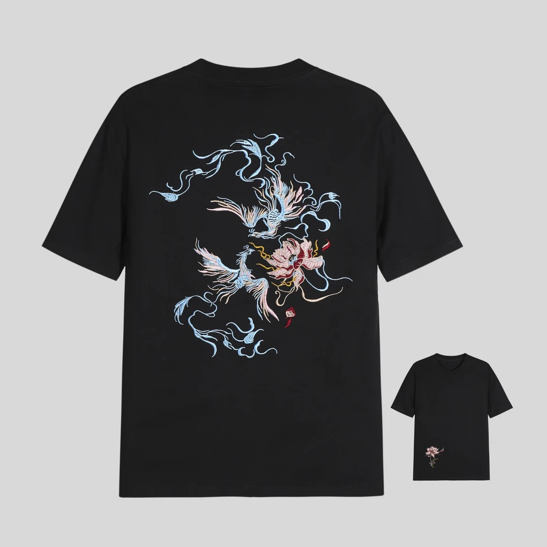 【花】夏季经典国风短袖莲花鸾凤刺绣T恤 y223