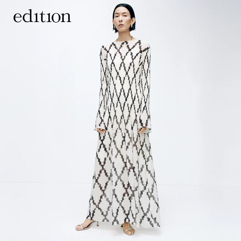 edition新款连衣裙女喇叭袖复古菱格压褶长裙#EBD1DRSK04