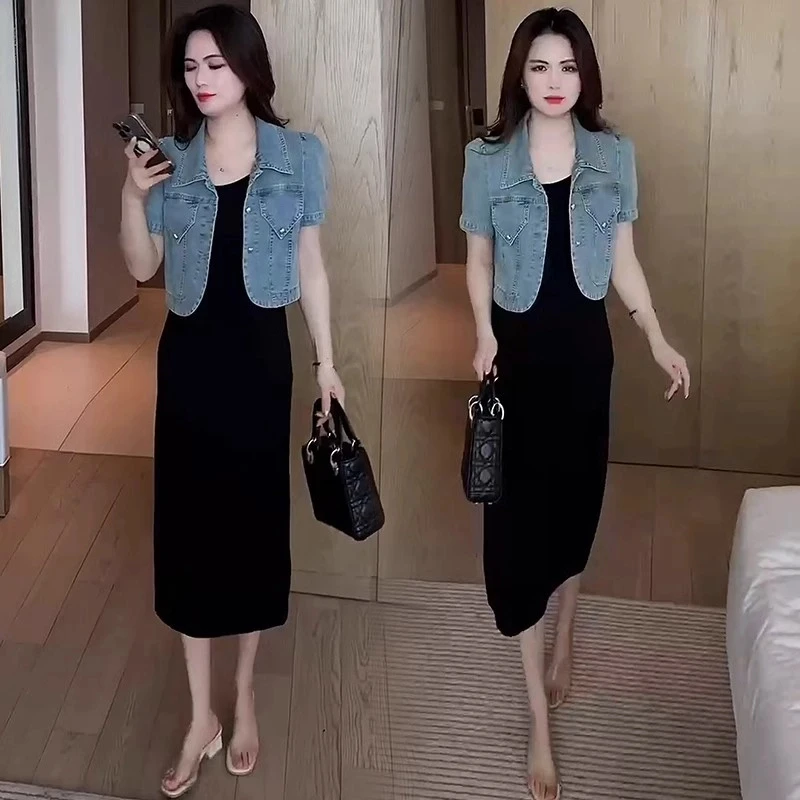 时尚连衣裙女2025夏季新款洋气显瘦小个子牛仔外套吊带裙两件套潮