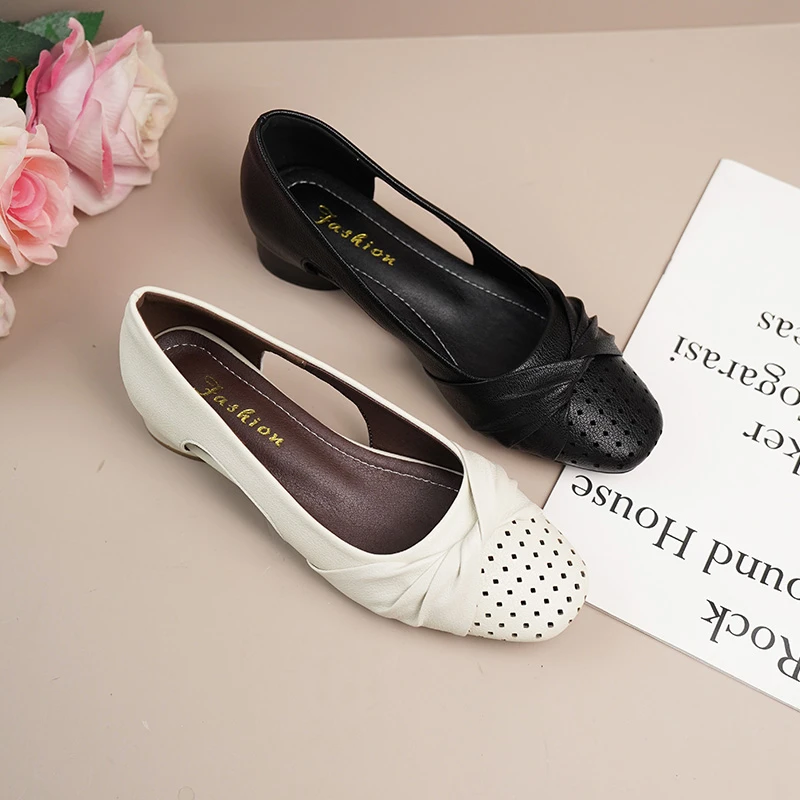 真皮牛皮夏季新款浅口法式方头粗跟低跟镂空时尚单鞋681