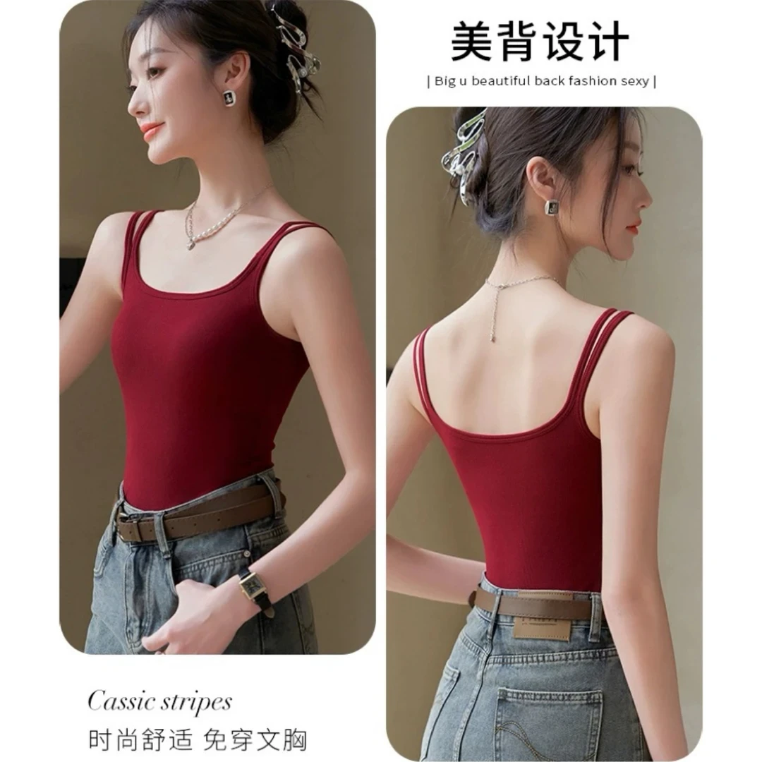 双肩带带胸垫显瘦性感夏外穿显高修身立体美背内搭红色辣妹风吊带