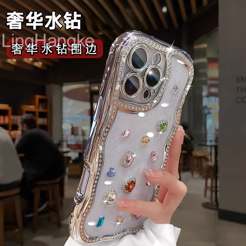 水钻波浪纹彩钻宝石适用苹果16promax手机壳15奢华14女款13挂链硬