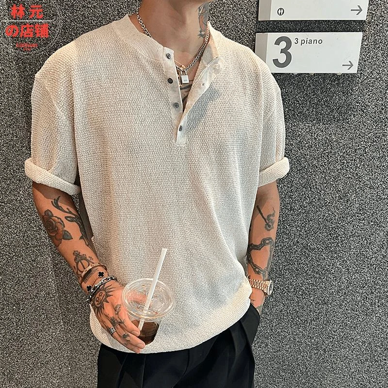 老钱风亨利领短袖衫男款夏季抗皱天丝亚麻肌理感针织男恤衫休闲