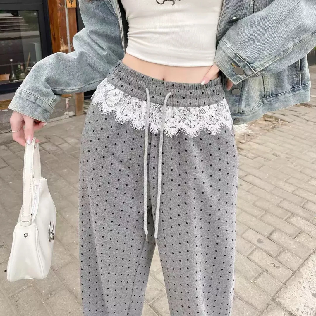 蕾丝花边波点阔腿宽松休闲百搭女春季夏季显瘦高腰裤子