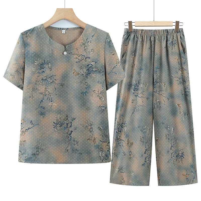 中老年女装夏季短袖套装大码妈妈装宽松休闲奶奶装薄款老人两件套