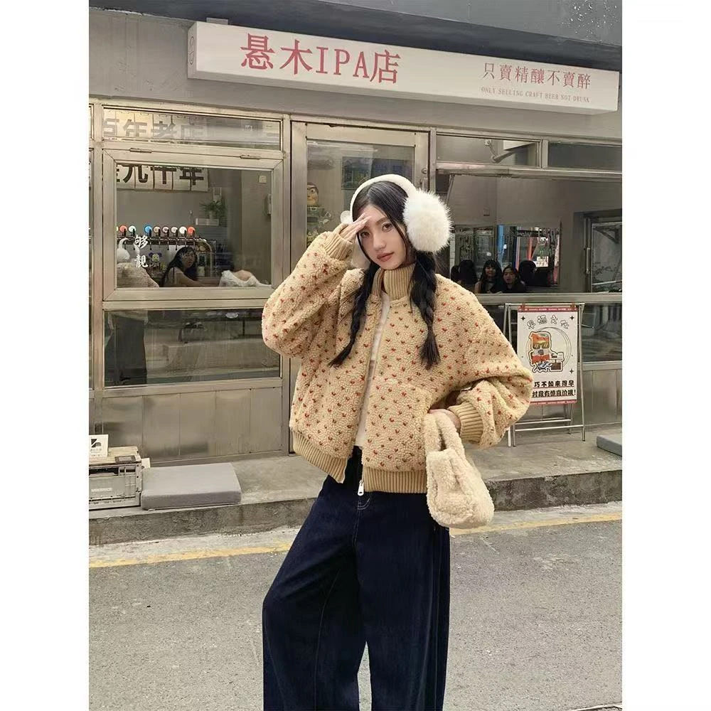 短款波点长袖外套女2024冬季复古加绒加厚保暖宽松立领上衣