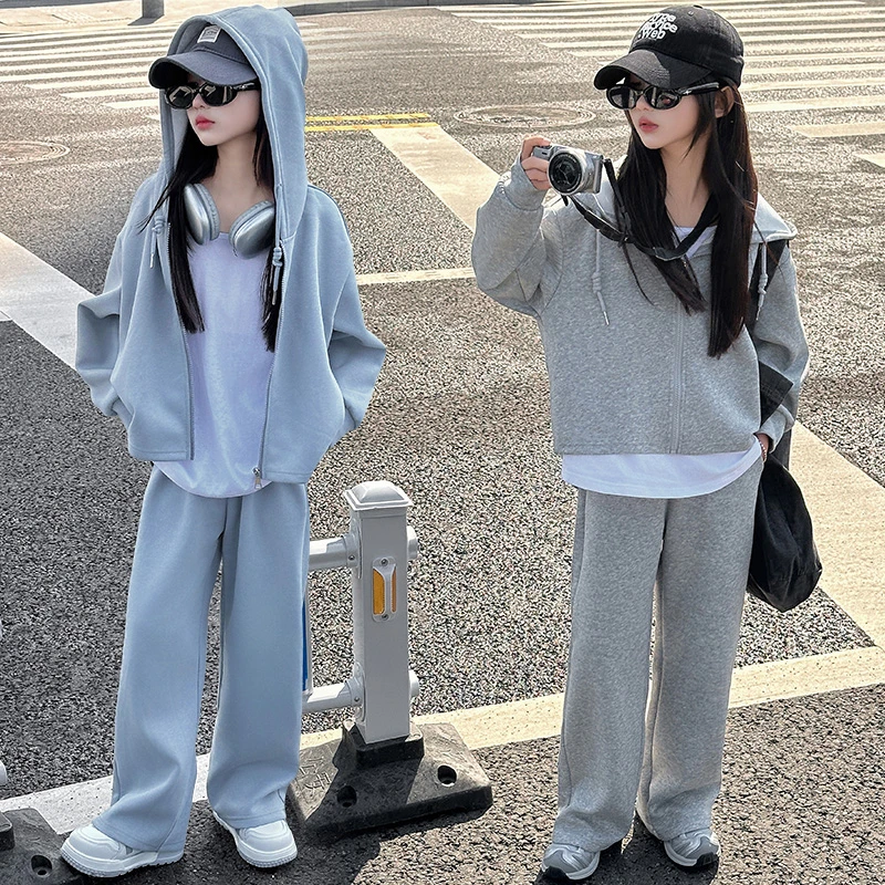 女童休闲连帽衣运动套装2025新款洋气中大童女孩宽松阔腿裤两件套