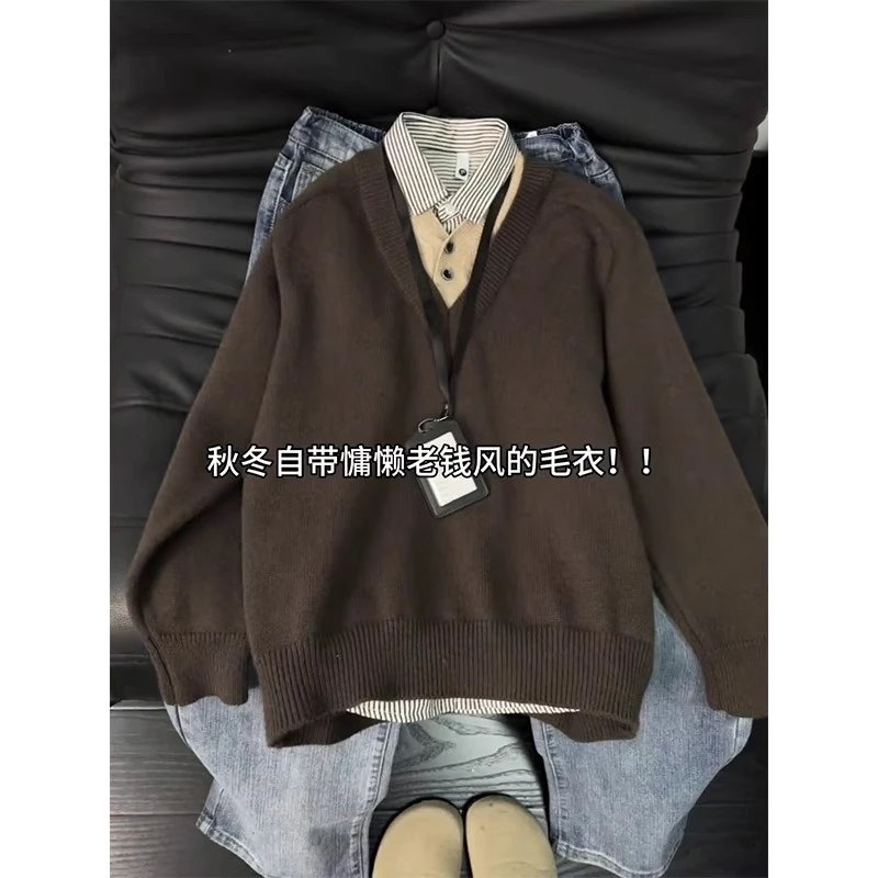 假两件毛衣男女冬季老钱风少年感拼接设计打底衫复古简约情侣外套