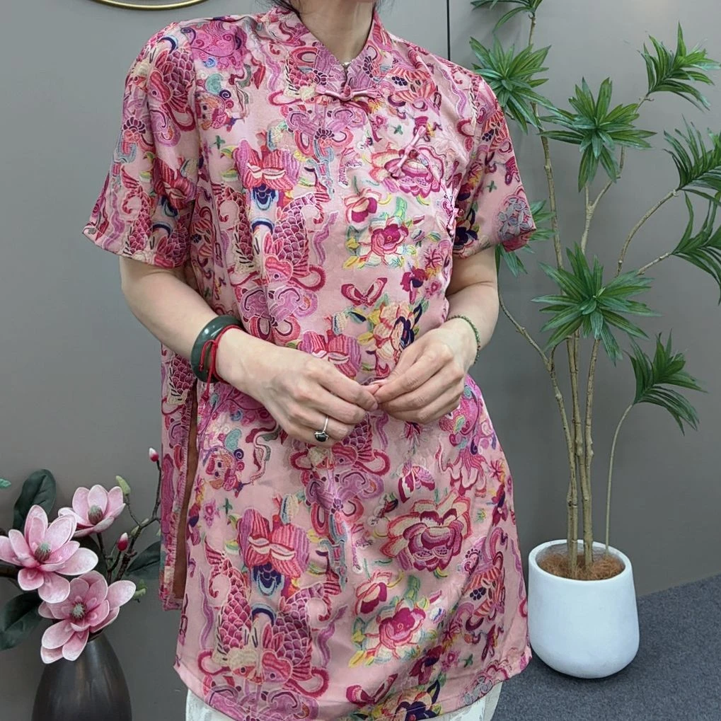 一涵家2025夏款新中式立领盘扣提花短袖国风上衣妈妈装显瘦气质