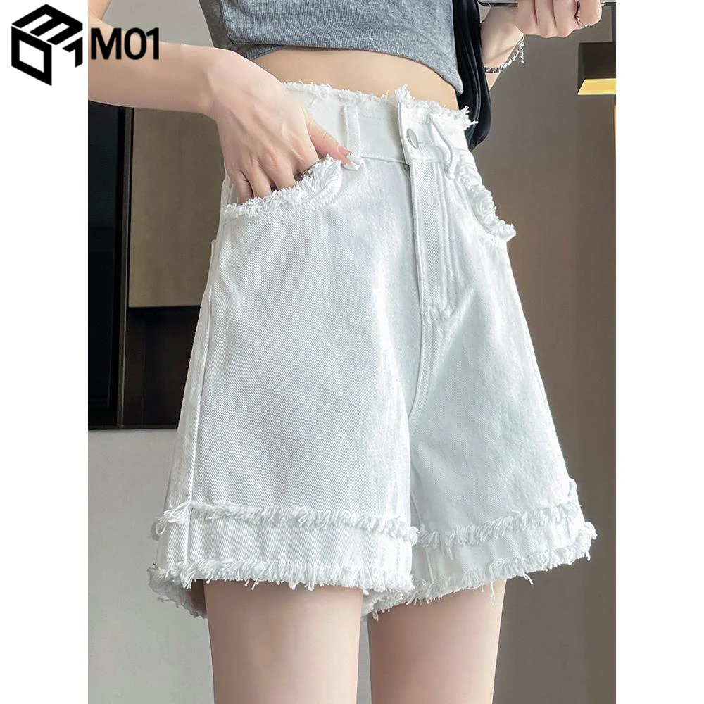 M01白色牛仔短裤女中长款夏季高腰a字版宽松粗腿毛边阔腿四分裤