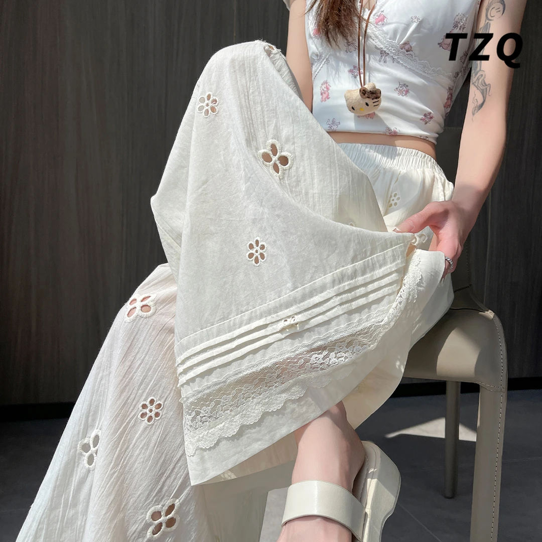 薄款慵懒蕾丝拼接夏季山本裤裙女镂空刺绣阔腿休闲裤子TZQ2550829
