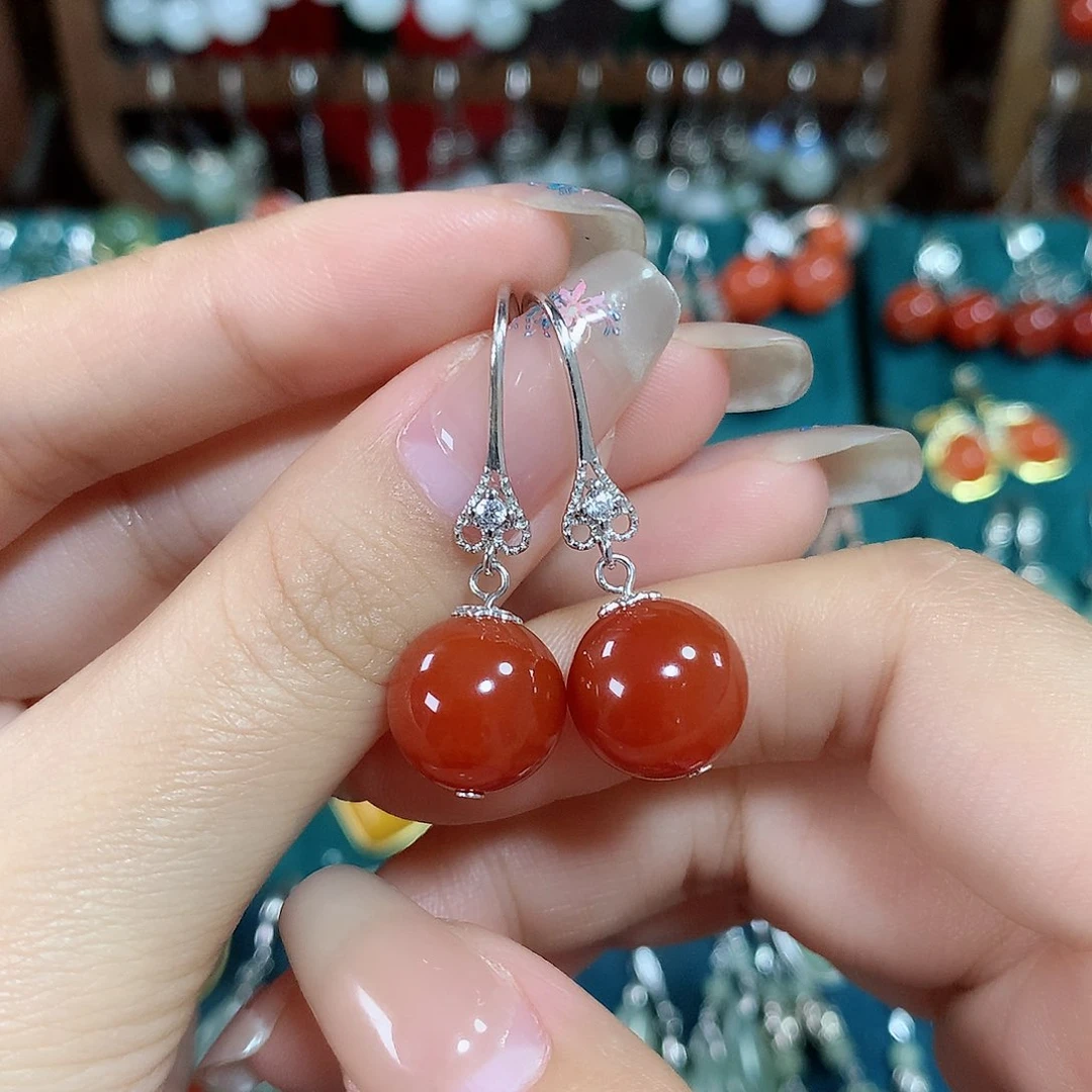 玛瑙/玉髓耳饰银S925镶嵌天然红玛瑙12mm左右