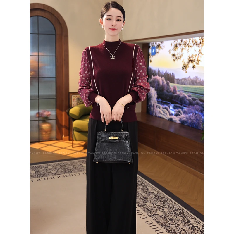 唐熹2025年秋冬【8018】含绵羊毛套头红色假两件内搭针织衫毛衣上衣