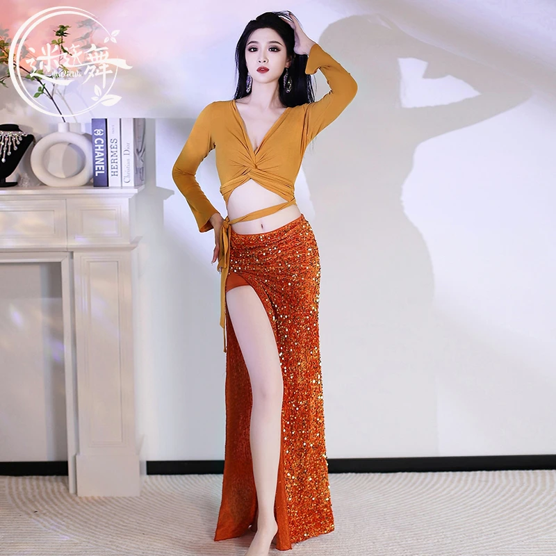 迷迭舞原创新款秋冬肚皮舞练功服长袖上衣亮片裙舞蹈演出表演服装