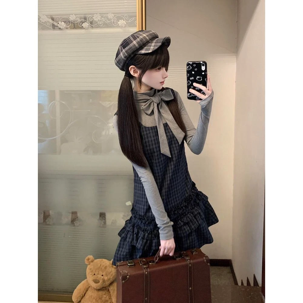 秋装新款日系古早vintage套装蝴蝶结上衣+格纹连衣裙女