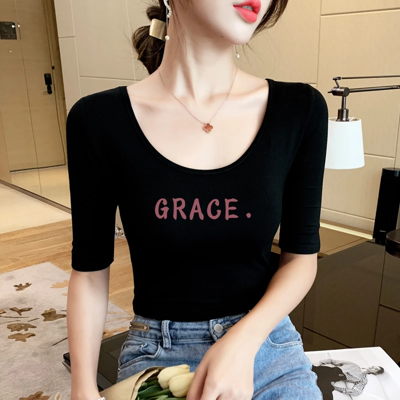 黑色t恤女中袖圆领2025年新款春夏打底衫修身纯色上衣百搭性感