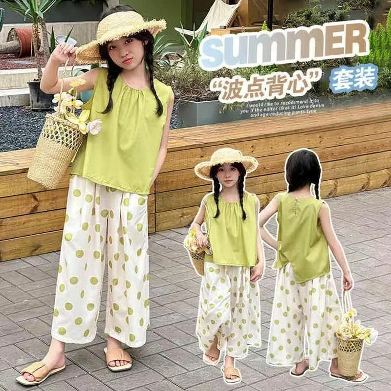 女童绿色套装夏季2025新款薄款色无袖夏装儿童波点阔腿裤两件套