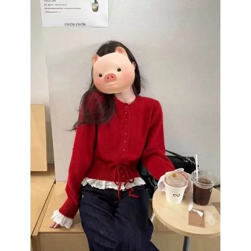 实价#绵羊绒2025早春季甜美花边拼接系带抽绳针织衫上衣