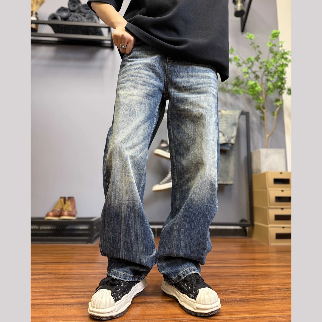 秋季弯刀裤水洗多口袋牛仔裤男美式复古潮设计感休闲阔腿长裤9368
