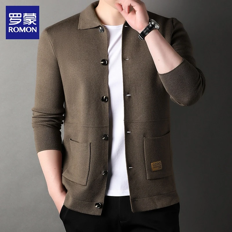 罗蒙高端男士痞帅毛衣秋冬新款宽松翻领开衫潮流休闲针织外套男装