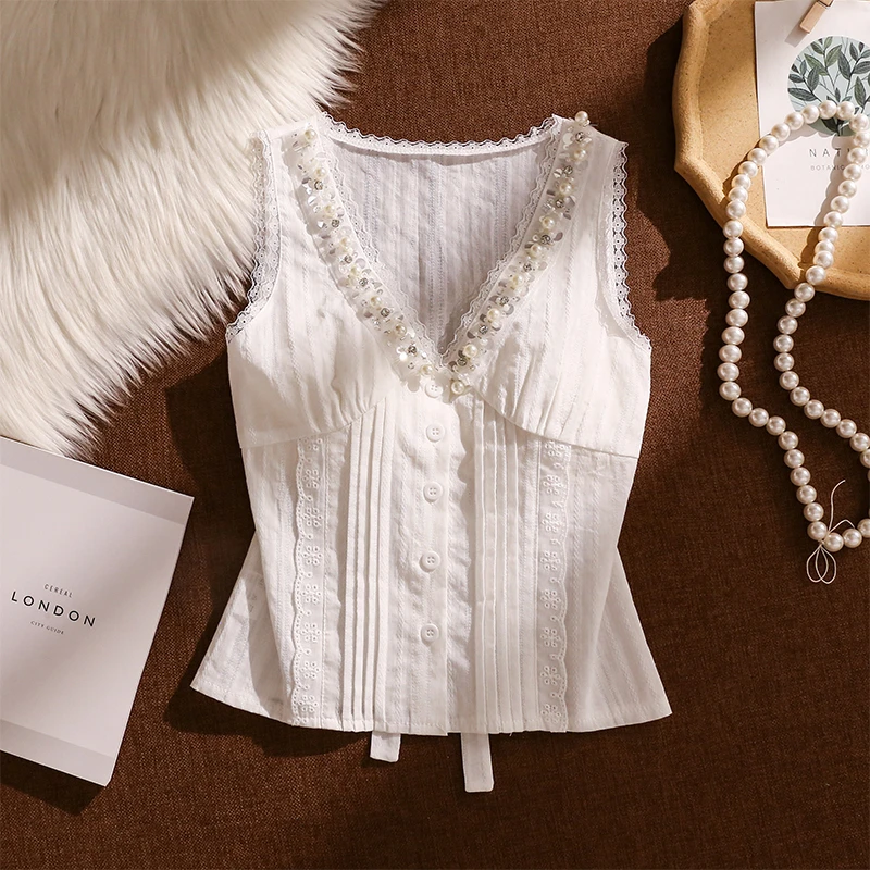 法式蕾丝钉珠吊带背心女2025新款设计感小众修身显瘦V领无袖上衣