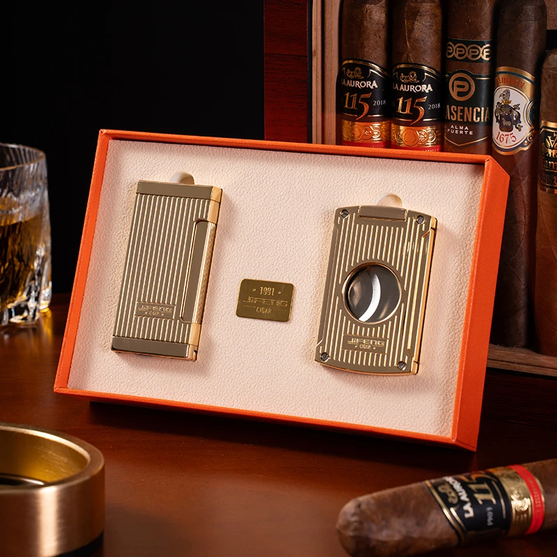 JIFENG季风雪茄便捷工具套装送礼盒金属雪茄剪刀充气双火打火机