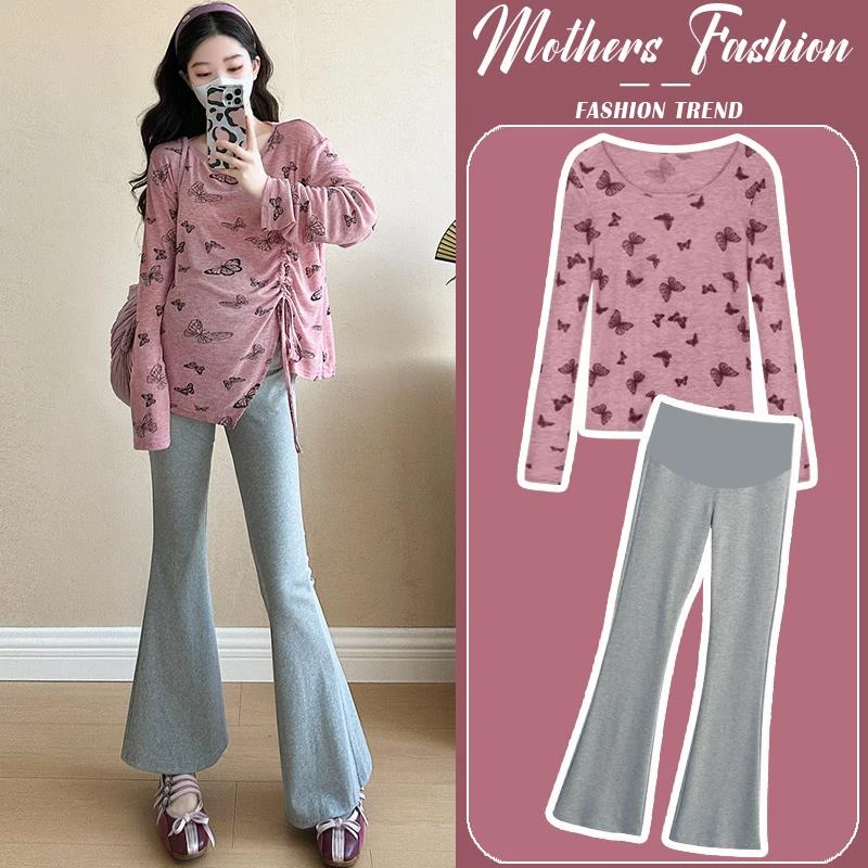 时髦孕妇装韩版显瘦春夏2025新款粉色甜美减龄休闲圆领长袖上衣