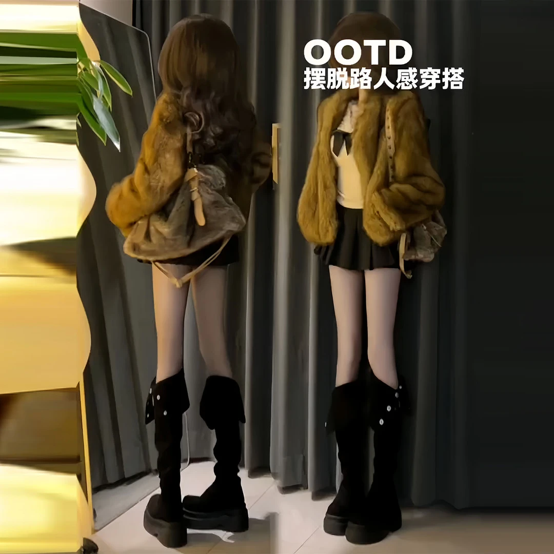 美拉德气质加厚短款毛毛外套女秋冬季蕾丝蝴蝶结上衣搭百褶裙套装