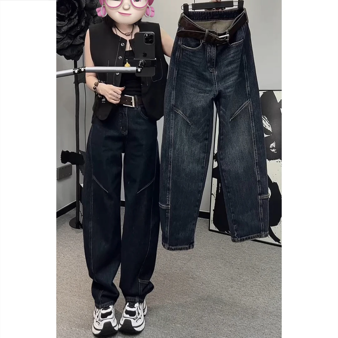 艾塔莉弯刀牛仔裤秋季女新款宽松阔腿裤水洗复古遮肉显瘦高腰长裤