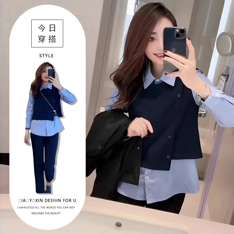 高级感小洋装套装女早春新款设计感撞色拼接假两件上衣高腰直筒裤