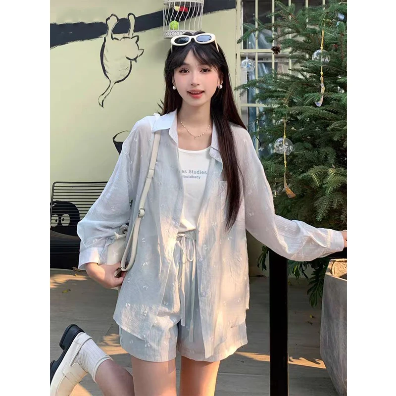 2025夏季新款设计感蝴蝶结防晒衬衫背心吊带阔腿短裤三件套