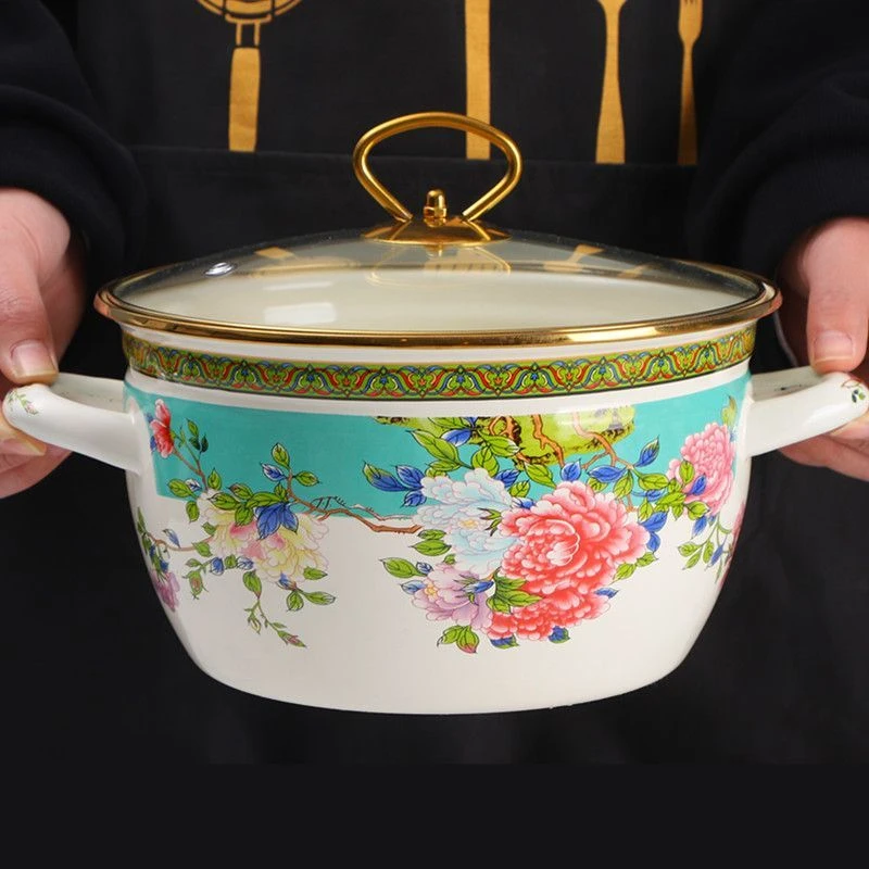 欧丽家珐琅搪瓷锅金边汤锅炖锅家用双耳带盖火锅煮面电磁炉燃气通