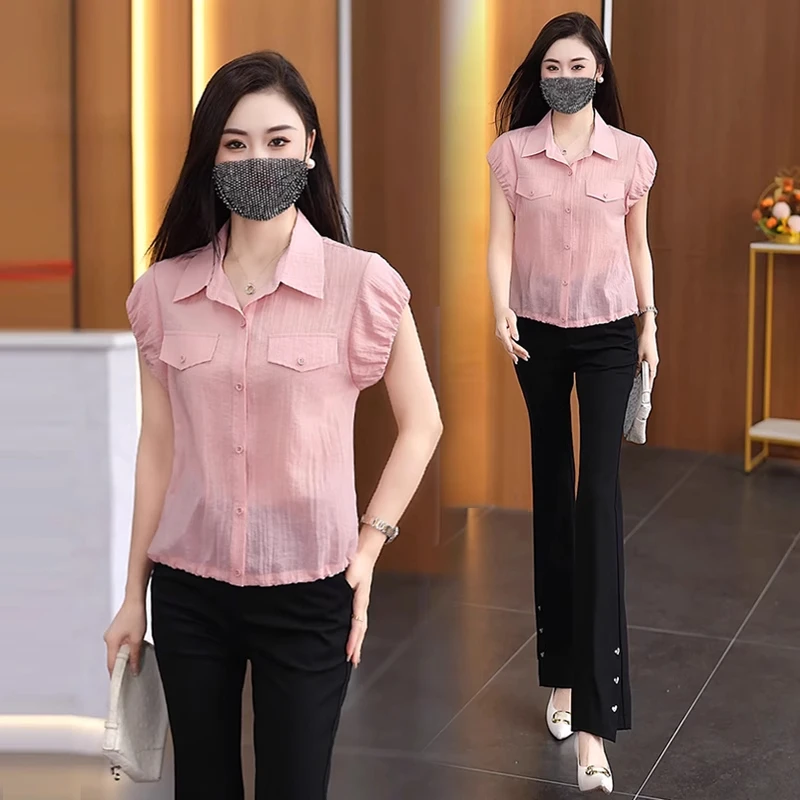 时尚短袖衬衫女2025夏季新款韩版宽松显瘦百搭休闲气质冰丝上衣潮