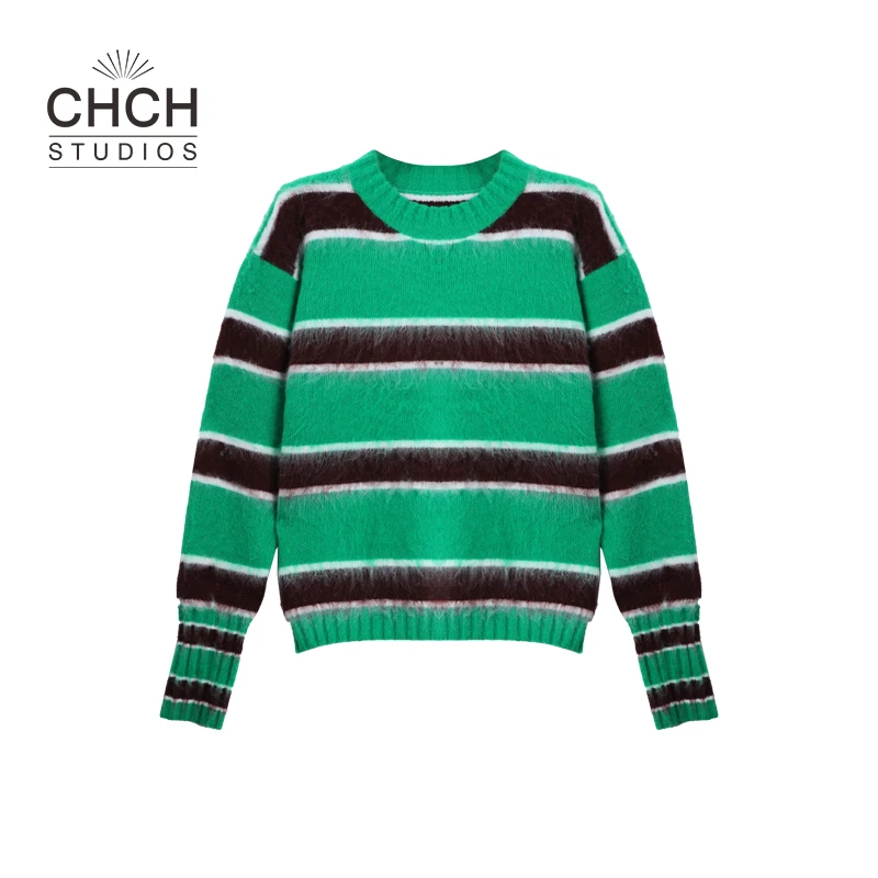 RAQZZ12461秋冬新品时尚男女同款圆领撞色条纹束口针织衫上衣女