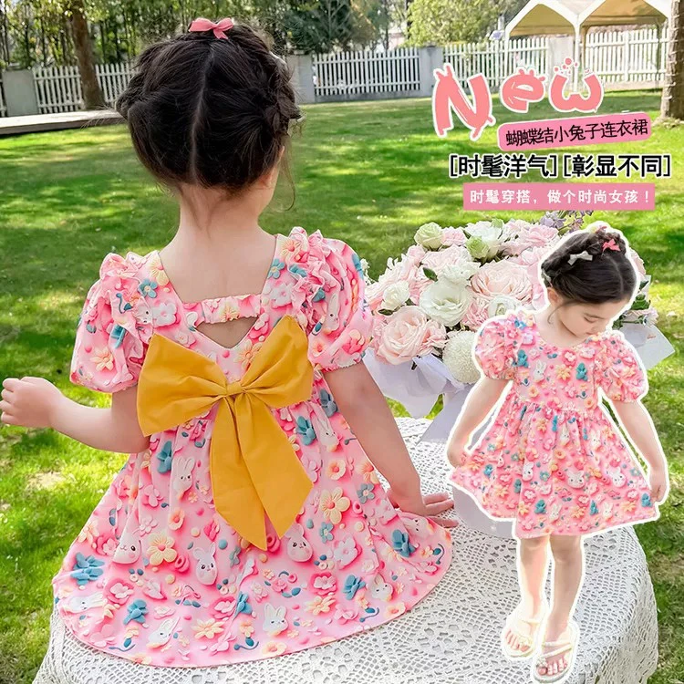 2025夏季新款5d印花洋气女童卡通森系连衣裙时尚气质蝴蝶结公主裙
