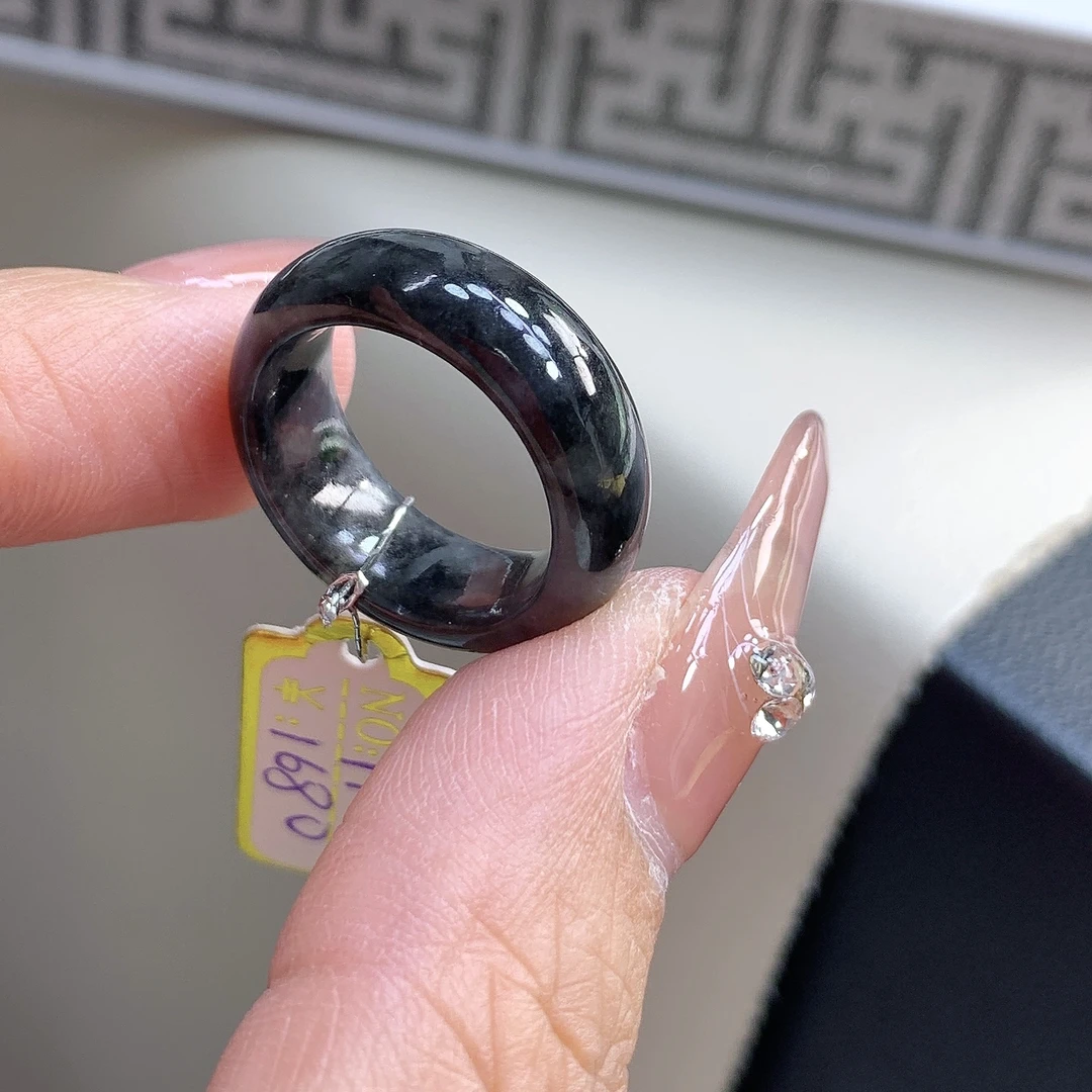 冰种黑乌鸡缅甸翡翠玉戒指 宽版小圈口11号 12号 15.8-7.2-3.5mm