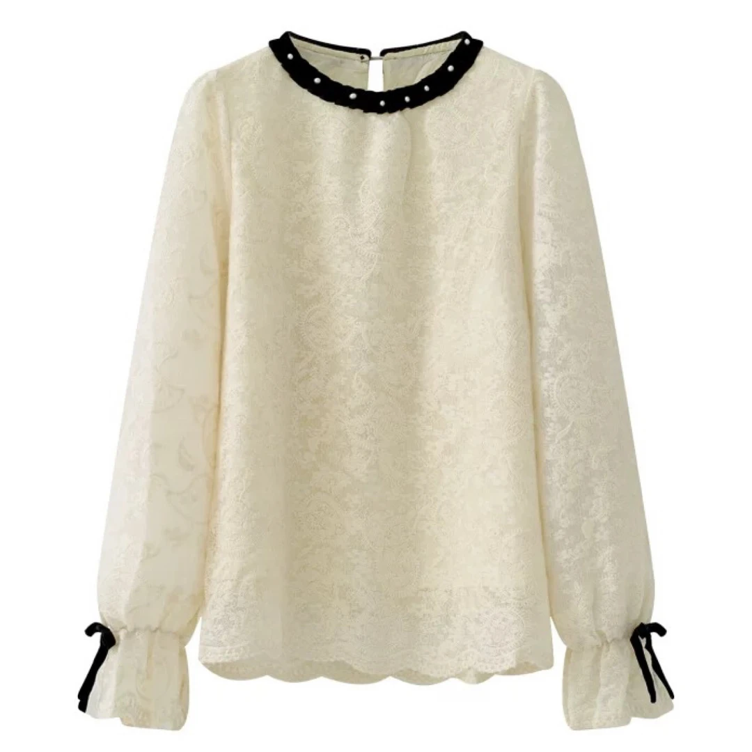 法式复古宫廷风钉珠蕾丝衬衫 春季轻职风优雅打底衫014