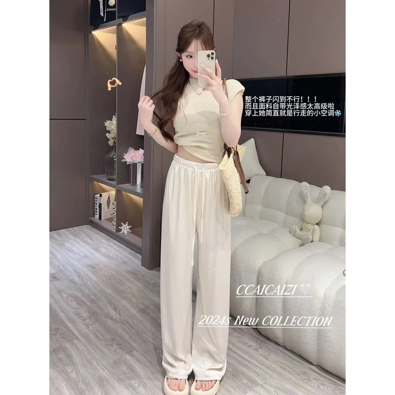 [no退no换]【纵享丝滑】烫钻满天星抽绳松紧高腰阔腿裤无口袋008