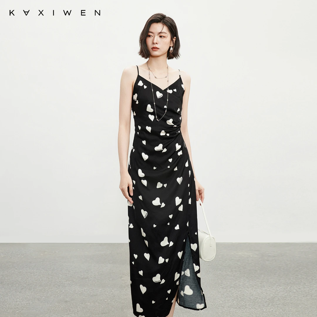 佧茜文气质优雅修身显瘦连衣裙【春秋】爱心开衩吊带裙X01BLN1084